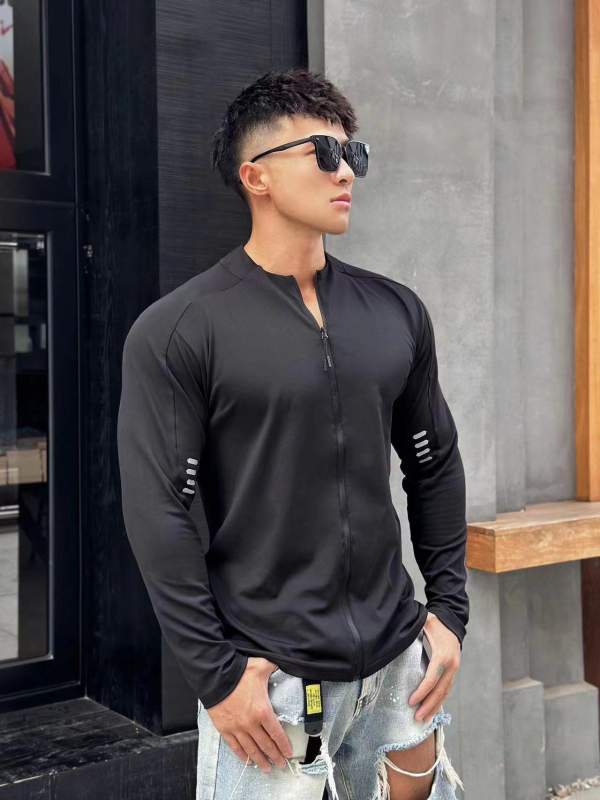 Vyriškas madingas, greitai džiūstantis, ilgarankovis sportinis, rudens, treniruočių, bėgimo, tamprus kardiganas, plonas viršus