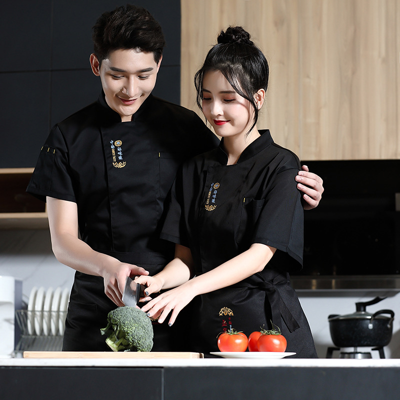 Lühikeste varrukatega T-särk, kokariided, tööriided, trükitud logoga, toitlustusettevõtte hotelliköögi veekindlad ja õlikindlad tööriided.