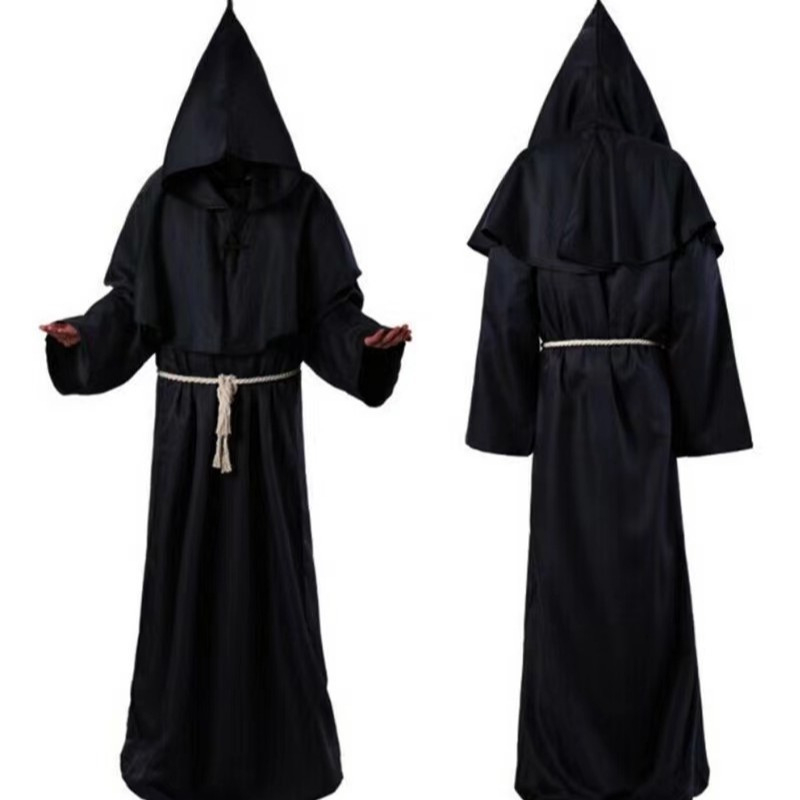 Helovīna cosplay viduslaiku apmetņa mūka kostīms, burvja mūka kostīms, priestera halāts ar kapuces apmetni