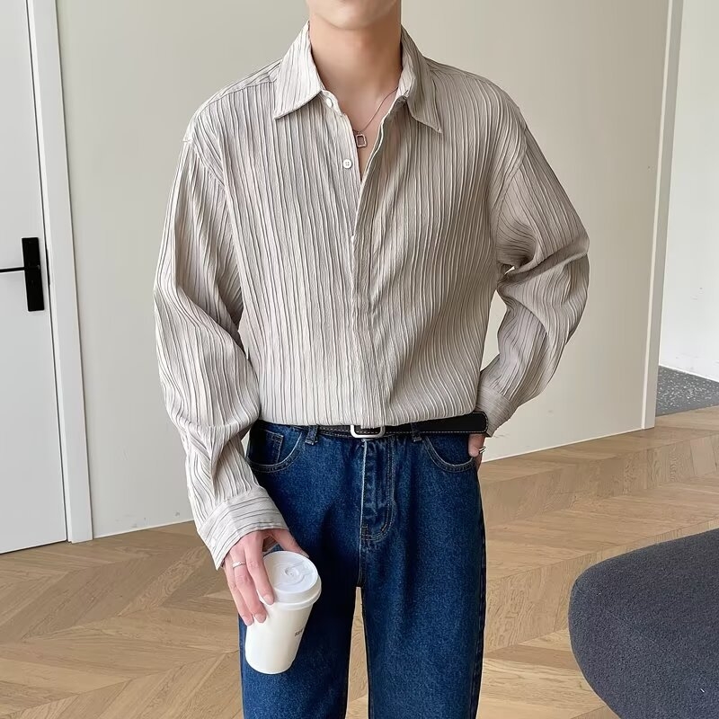 Ľahká luxusná košeľa s dlhým rukávom pre mužov, luxusný kórejský štýl, voľná jesenná módna INS duplexná pekná ležérna ľahká košeľa pre dospelých, nežehlivá