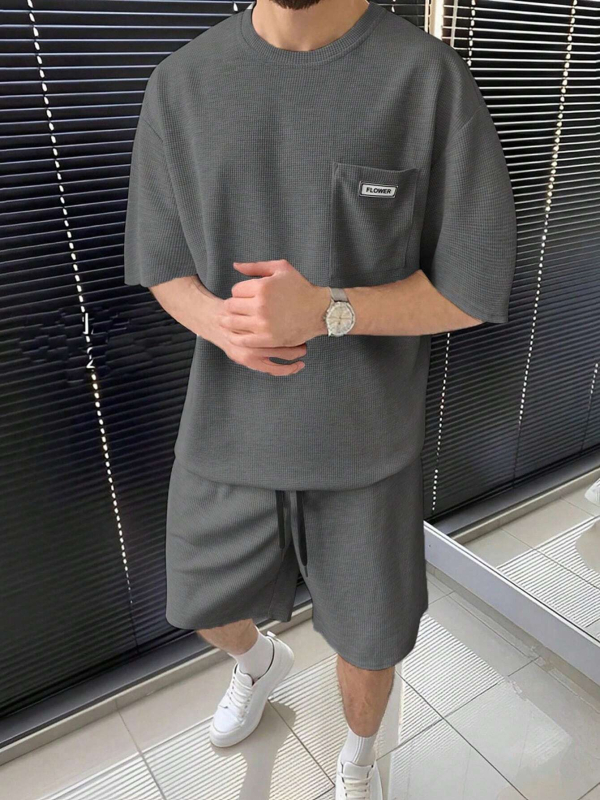 Suvine uus vabaaja ülikond Meeste lühikeste varrukatega lühikesed püksid Meeste noorte ühevärviline taskuga T-särk Rõivad ME2-MA1