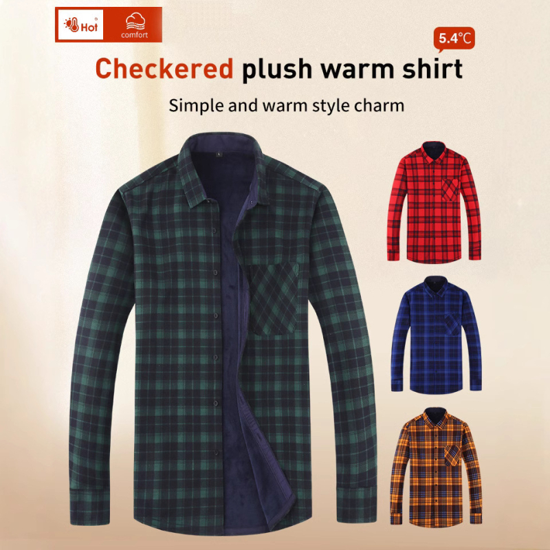 Pánske kockované plyšové teplé tričko s flísovou podšívkou pre väčšie veľkosti