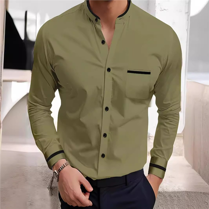 Egyszínű hosszú ujjú férfi ing, 2024-es új, zsebes, csíkos dizájnú, bézs színű, jóképű, lezser felső, MB12
