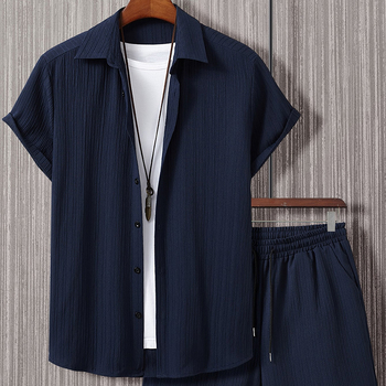 Muška prugasta košulja kratkih rukava s ovratnikom na kopčanje i kratkim hlačama s vezicama iz 2025. Amazon Cross-Border muške izrade