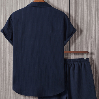 Σετ ανδρικού ριγέ κοντομάνικου μπλουζιού Amazon Cross-Border 2025 με γιακά με κουμπιά και κορδόνι