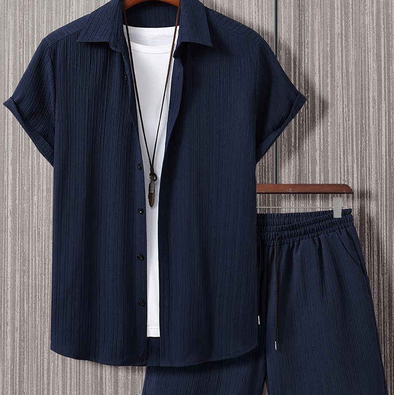 Muška prugasta košulja kratkih rukava s ovratnikom na kopčanje i kratkim hlačama s vezicama iz 2025. Amazon Cross-Border muške izrade