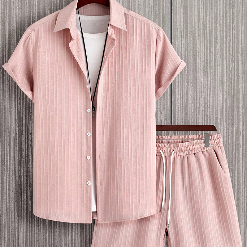 Muška prugasta košulja kratkih rukava s ovratnikom na kopčanje i kratkim hlačama s vezicama iz 2025. Amazon Cross-Border muške izrade