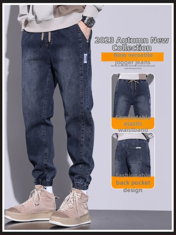 Blugi elastici pentru bărbați, lejeri, asortați, de marcă la modă, casual, cu legături la gleznă, 2023, primăvară și toamnă, noi pantaloni harem