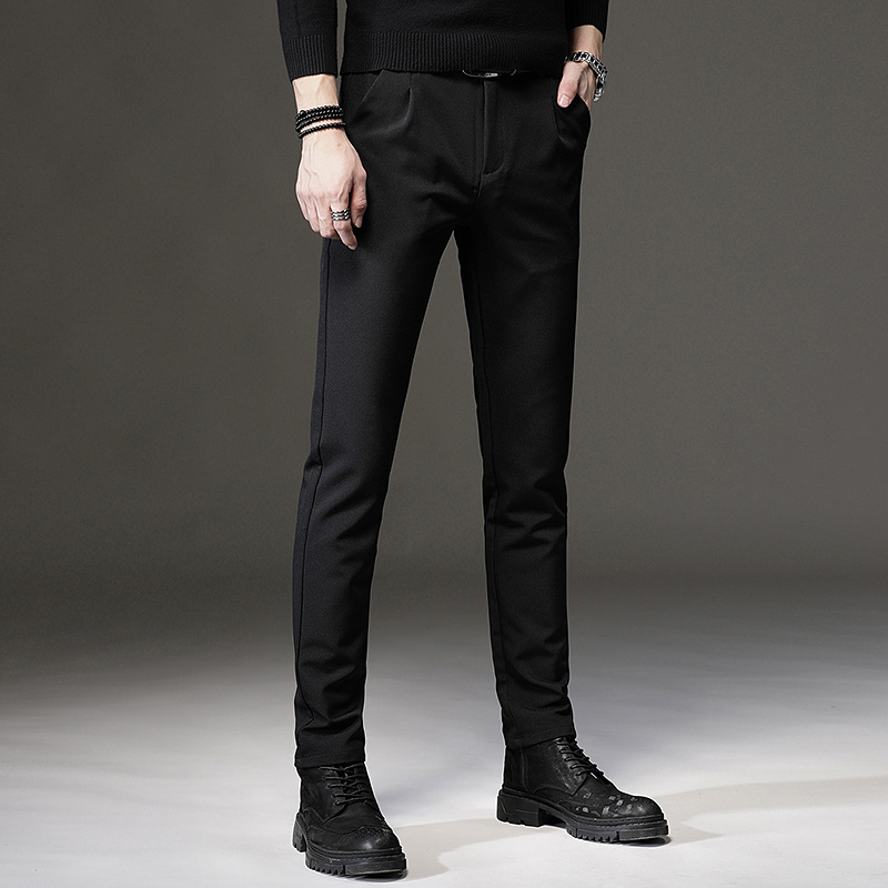 Meeste jääsiidist mustad vabaajapüksid, kitsad koonusjad püksid, kevad- ja sügisstiil, meeste kortsukindlad pikad äripüksid, trendikad
