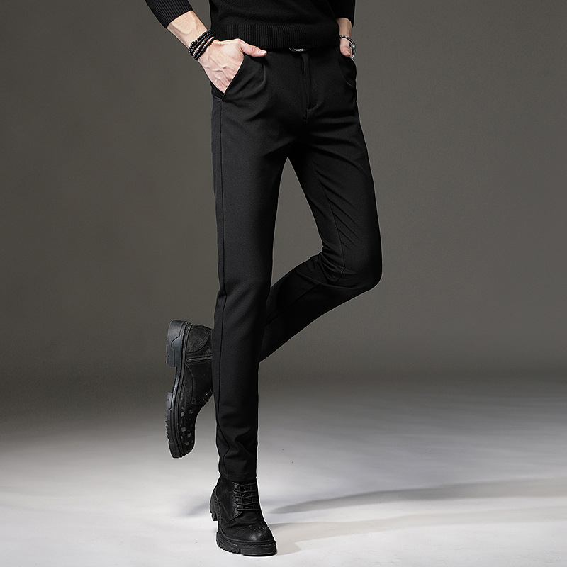 Meeste jääsiidist mustad vabaajapüksid, kitsad koonusjad püksid, kevad- ja sügisstiil, meeste kortsukindlad pikad äripüksid, trendikad