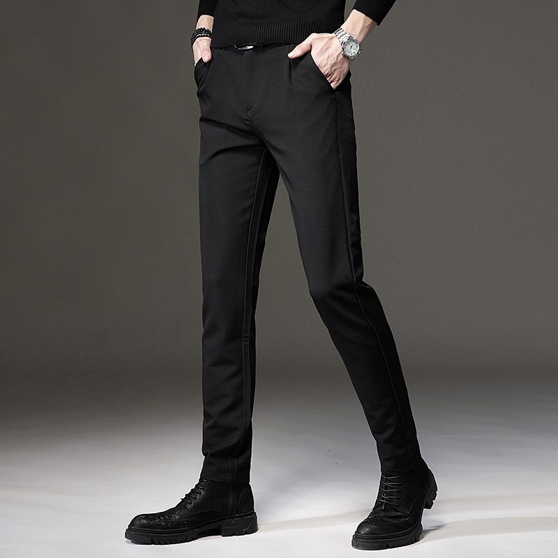 Meeste jääsiidist mustad vabaajapüksid, kitsad koonusjad püksid, kevad- ja sügisstiil, meeste kortsukindlad pikad äripüksid, trendikad