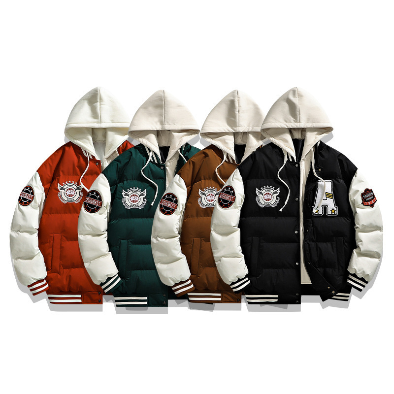 L-6XL pluss-suuruses puuvillase polstriga meeste võltskaheosaline rätikuga tikitud moodne mantel trendikas kapuutsiga leivarõivad armastajatele