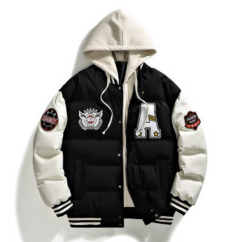 L-6XL pluss-suuruses puuvillase polstriga meeste võltskaheosaline rätikuga tikitud moodne mantel trendikas kapuutsiga leivarõivad armastajatele