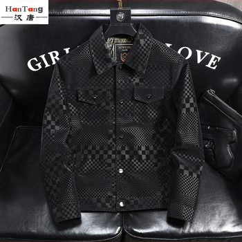 Naujas vyriškas odinis švarkelis su languotu raštu ir atlapu. Pavasarinis, rudens ir žiemos vyriškas švarkelis, išskirtinis visoje šalyje. Sandėlyje.