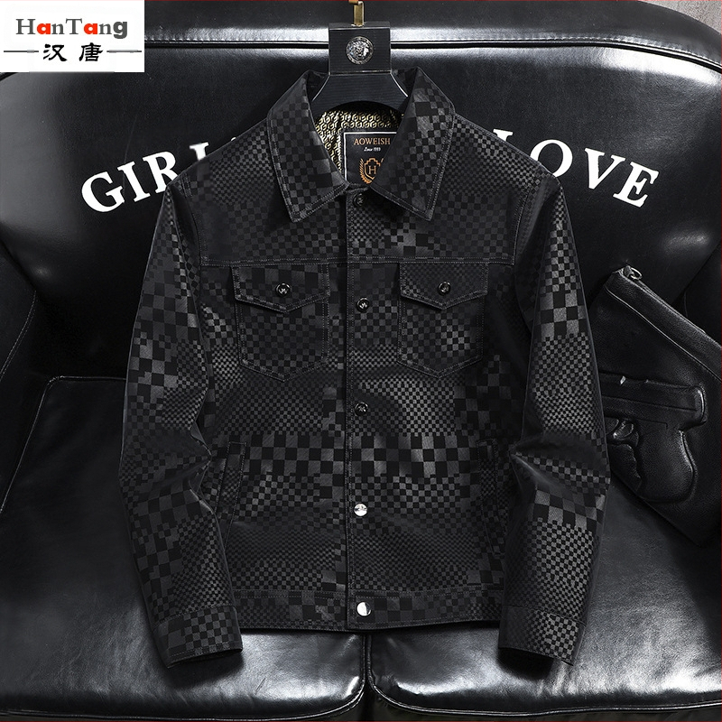 Ново мъжко кожено яке с ревери и карирана шарка, пролетно, есенно и зимно мъжко яке, ексклузивно в наличност