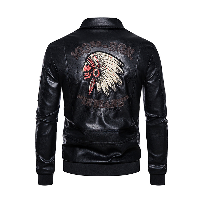 Vyriški rudens ir žiemos odiniai drabužiai, siuvinėti kostiumo apykakle, skalbti PU odinę striukę, vilnoniu pamušalu, motociklų skraidymo drabužiai, vyriški drabužiai