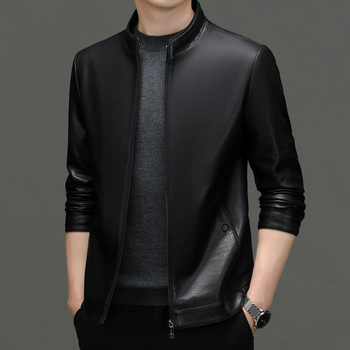 2024 m. pavasario ir rudens naujoji Haining natūralios odos vyriška striukė su plona trumpa apykakle, skirta vidutinio ir pagyvenusio amžiaus vyrams.