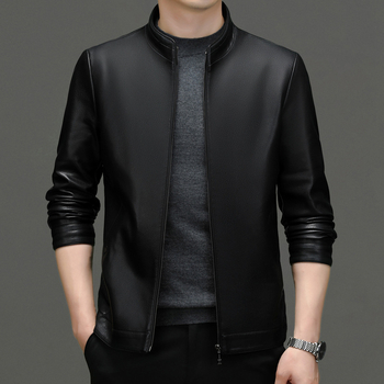 2024 m. pavasario ir rudens naujoji Haining natūralios odos vyriška striukė su plona trumpa apykakle, skirta vidutinio ir pagyvenusio amžiaus vyrams.