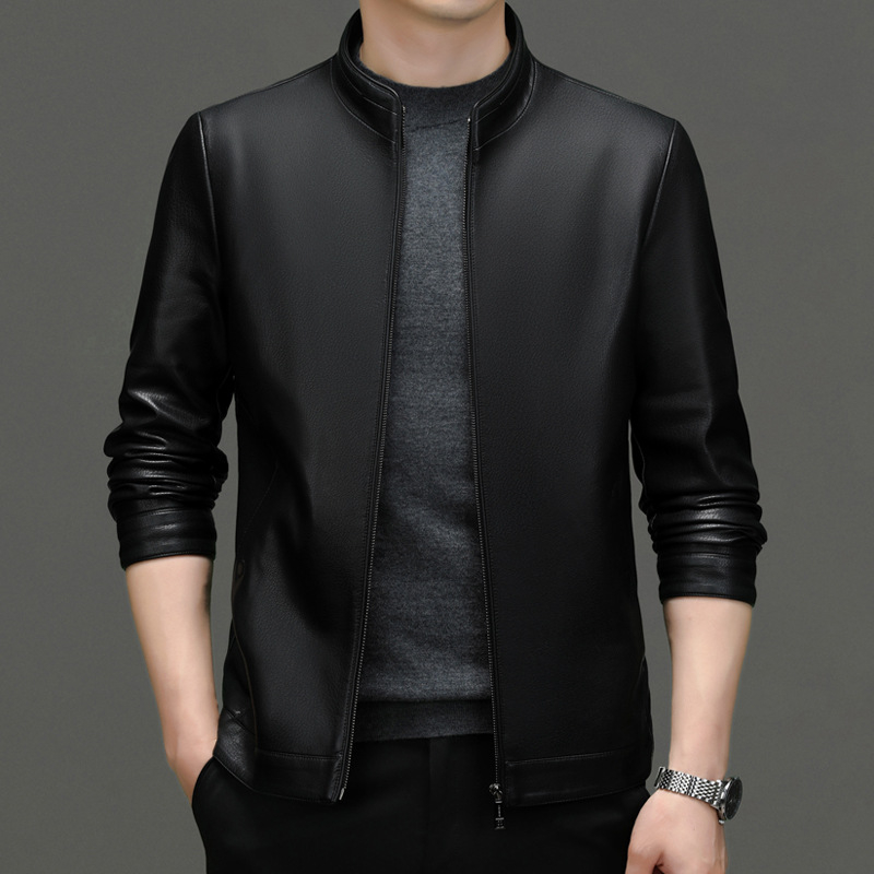 2024 m. pavasario ir rudens naujoji Haining natūralios odos vyriška striukė su plona trumpa apykakle, skirta vidutinio ir pagyvenusio amžiaus vyrams.