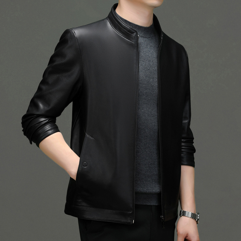 2024 m. pavasario ir rudens naujoji Haining natūralios odos vyriška striukė su plona trumpa apykakle, skirta vidutinio ir pagyvenusio amžiaus vyrams.