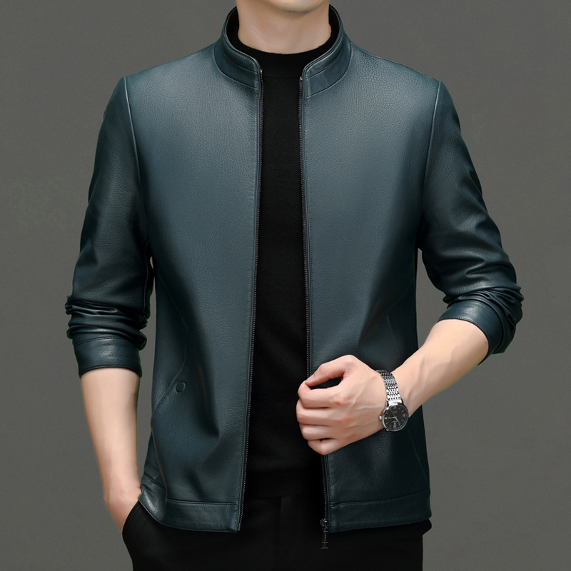 2024 m. pavasario ir rudens naujoji Haining natūralios odos vyriška striukė su plona trumpa apykakle, skirta vidutinio ir pagyvenusio amžiaus vyrams.