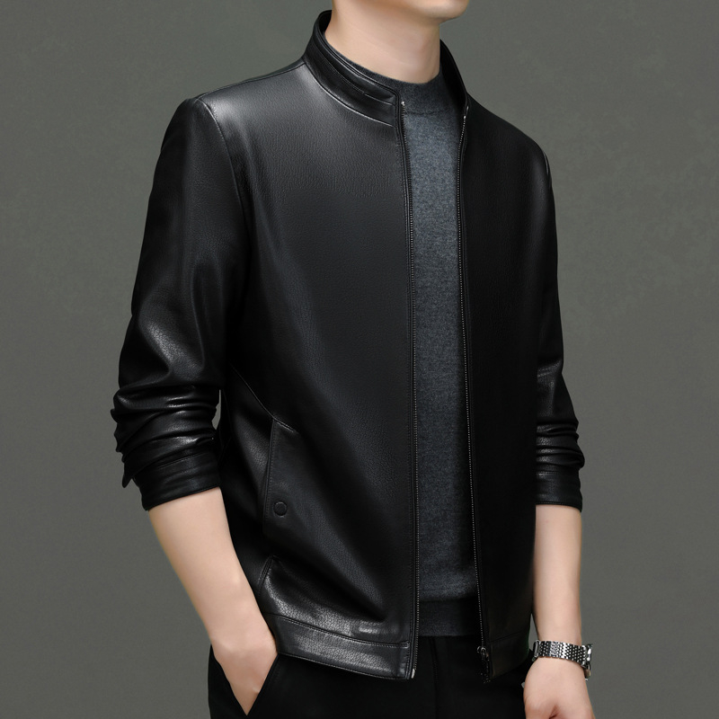 2024 m. pavasario ir rudens naujoji Haining natūralios odos vyriška striukė su plona trumpa apykakle, skirta vidutinio ir pagyvenusio amžiaus vyrams.