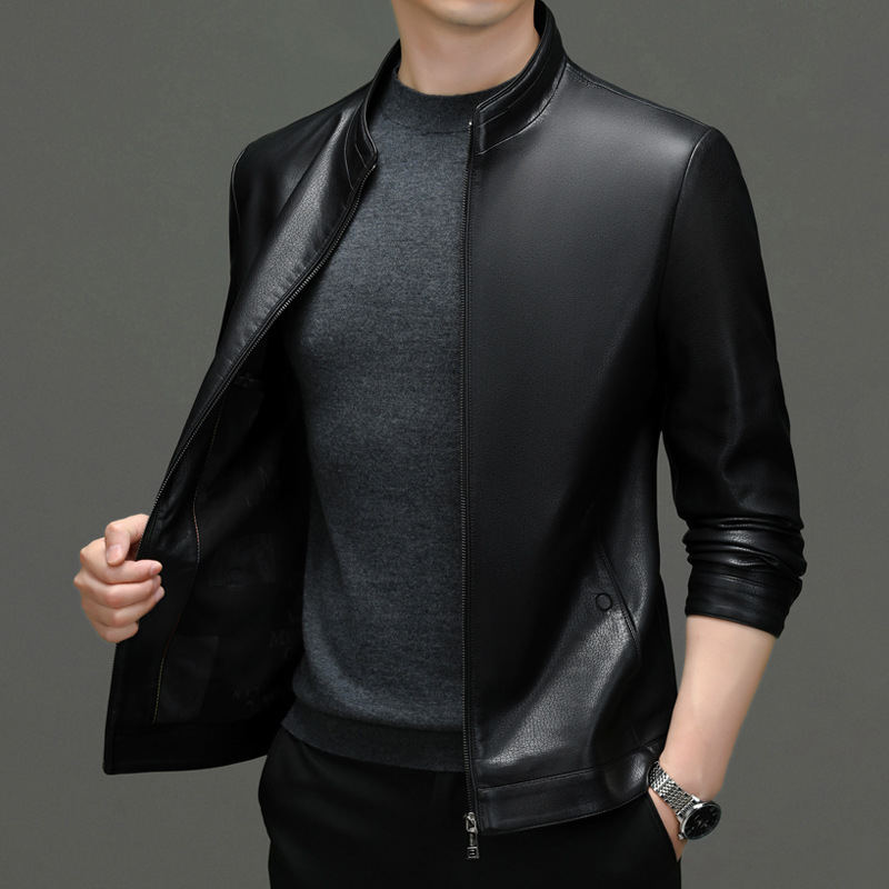 2024 m. pavasario ir rudens naujoji Haining natūralios odos vyriška striukė su plona trumpa apykakle, skirta vidutinio ir pagyvenusio amžiaus vyrams.