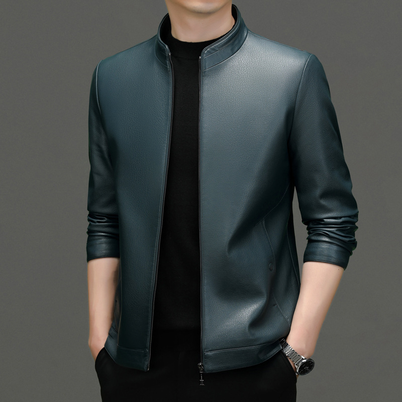 2024 m. pavasario ir rudens naujoji Haining natūralios odos vyriška striukė su plona trumpa apykakle, skirta vidutinio ir pagyvenusio amžiaus vyrams.