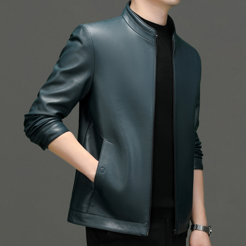 2024 m. pavasario ir rudens naujoji Haining natūralios odos vyriška striukė su plona trumpa apykakle, skirta vidutinio ir pagyvenusio amžiaus vyrams.