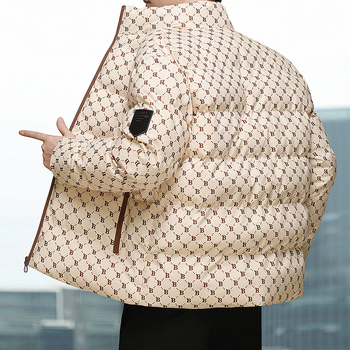 Jachetă de iarnă cu puf și bumbac, pentru bărbați și femei, marcă americană de modă, cu imprimeu complet, pentru cupluri, costum de pâine pentru bărbați, guler vertical, jachetă cu bumbac, plus mărime, haină