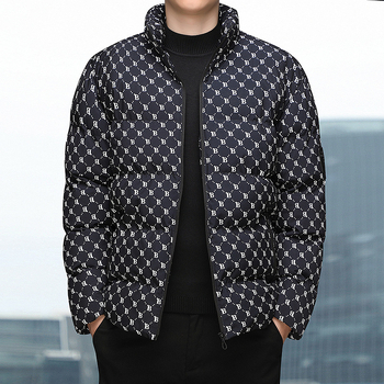Jachetă de iarnă cu puf și bumbac, pentru bărbați și femei, marcă americană de modă, cu imprimeu complet, pentru cupluri, costum de pâine pentru bărbați, guler vertical, jachetă cu bumbac, plus mărime, haină