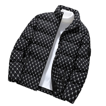 Jachetă de iarnă cu puf și bumbac, pentru bărbați și femei, marcă americană de modă, cu imprimeu complet, pentru cupluri, costum de pâine pentru bărbați, guler vertical, jachetă cu bumbac, plus mărime, haină