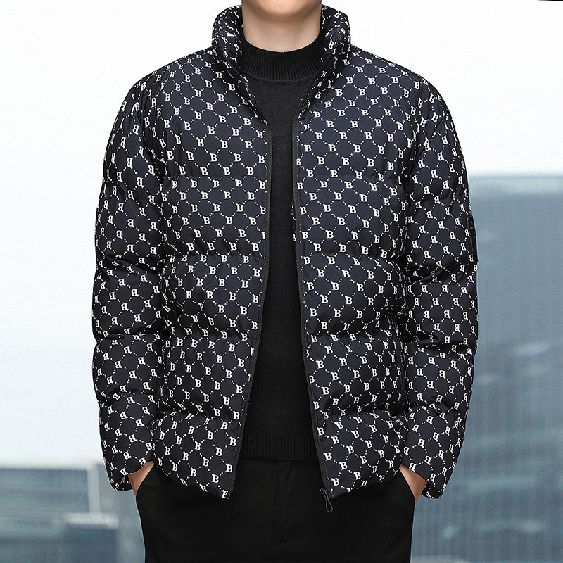 Jachetă de iarnă cu puf și bumbac, pentru bărbați și femei, marcă americană de modă, cu imprimeu complet, pentru cupluri, costum de pâine pentru bărbați, guler vertical, jachetă cu bumbac, plus mărime, haină