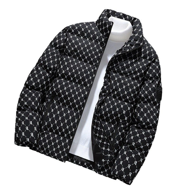 Jachetă de iarnă cu puf și bumbac, pentru bărbați și femei, marcă americană de modă, cu imprimeu complet, pentru cupluri, costum de pâine pentru bărbați, guler vertical, jachetă cu bumbac, plus mărime, haină