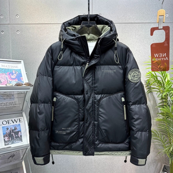 Žieminė vyriška sustorinta trumpa pūkinė striukė, madinga, su gobtuvu, pūkinė PU odos viršutinė sprogstamoji laisvalaikio striukė