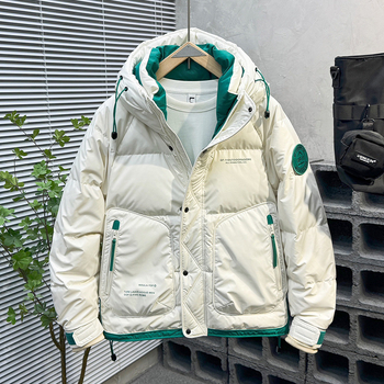 Žieminė vyriška sustorinta trumpa pūkinė striukė, madinga, su gobtuvu, pūkinė PU odos viršutinė sprogstamoji laisvalaikio striukė