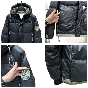 Žieminė vyriška sustorinta trumpa pūkinė striukė, madinga, su gobtuvu, pūkinė PU odos viršutinė sprogstamoji laisvalaikio striukė