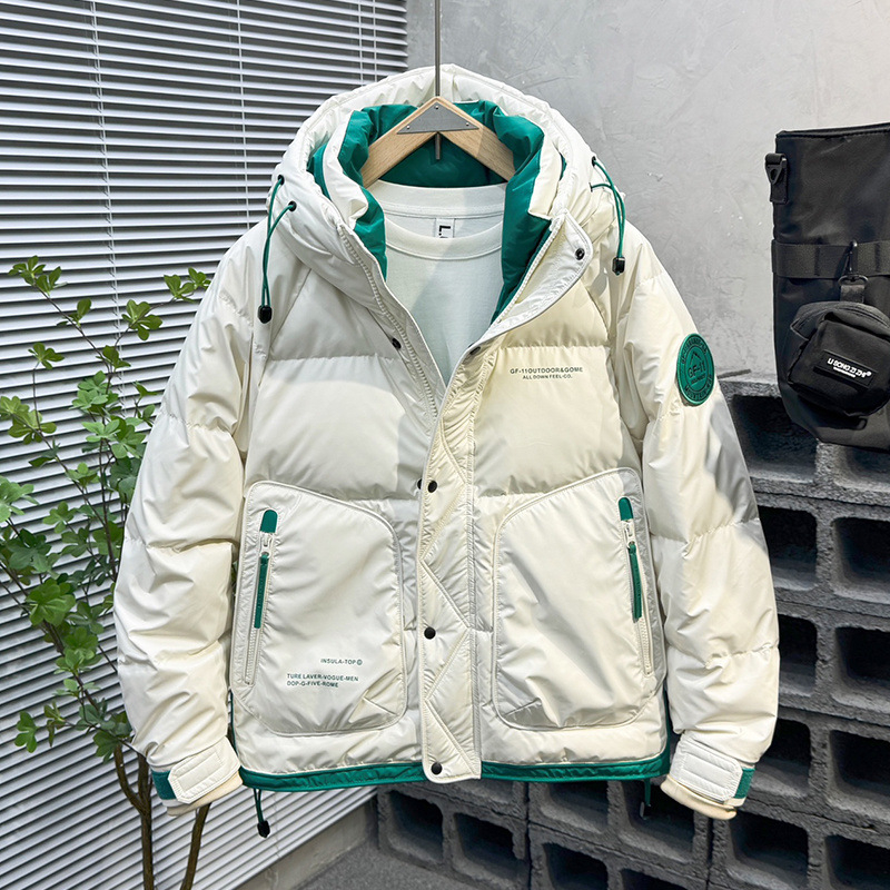 Žieminė vyriška sustorinta trumpa pūkinė striukė, madinga, su gobtuvu, pūkinė PU odos viršutinė sprogstamoji laisvalaikio striukė