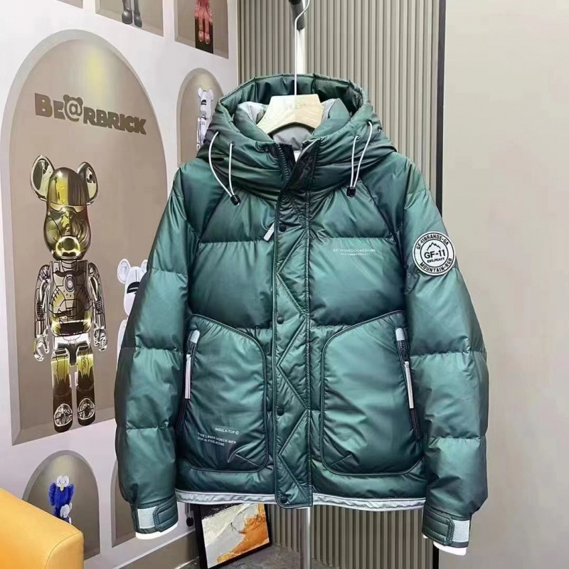 Žieminė vyriška sustorinta trumpa pūkinė striukė, madinga, su gobtuvu, pūkinė PU odos viršutinė sprogstamoji laisvalaikio striukė