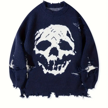 Hip-Hop Dark Street Ευρωπαϊκό και Αμερικανικό Πουλόβερ με Τρύπα Ζακάρ και Κρανίο, Φθινόπωρο και Χειμώνας, Ανδρικό Ριχτό Πουλόβερ Hip-Hop