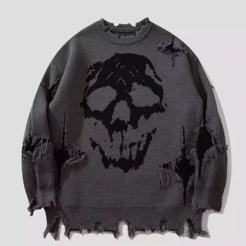 Hip-Hop Dark Street Ευρωπαϊκό και Αμερικανικό Πουλόβερ με Τρύπα Ζακάρ και Κρανίο, Φθινόπωρο και Χειμώνας, Ανδρικό Ριχτό Πουλόβερ Hip-Hop