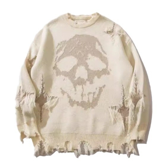 Hip-Hop Dark Street Ευρωπαϊκό και Αμερικανικό Πουλόβερ με Τρύπα Ζακάρ και Κρανίο, Φθινόπωρο και Χειμώνας, Ανδρικό Ριχτό Πουλόβερ Hip-Hop