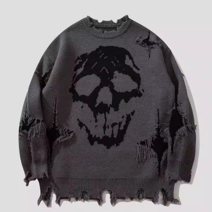 Hip-Hop Dark Street Ευρωπαϊκό και Αμερικανικό Πουλόβερ με Τρύπα Ζακάρ και Κρανίο, Φθινόπωρο και Χειμώνας, Ανδρικό Ριχτό Πουλόβερ Hip-Hop