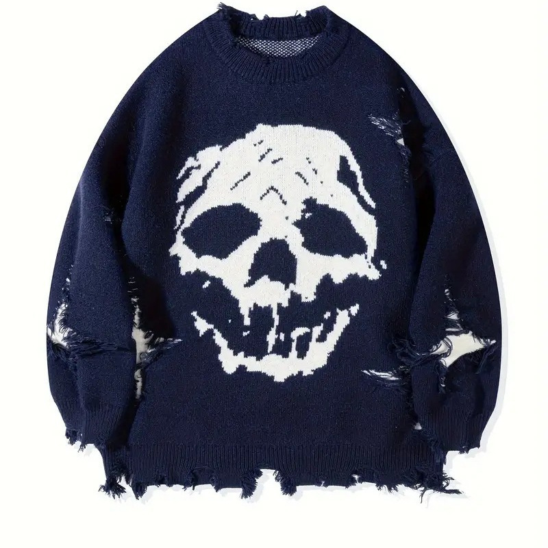 Hip-Hop Dark Street Ευρωπαϊκό και Αμερικανικό Πουλόβερ με Τρύπα Ζακάρ και Κρανίο, Φθινόπωρο και Χειμώνας, Ανδρικό Ριχτό Πουλόβερ Hip-Hop