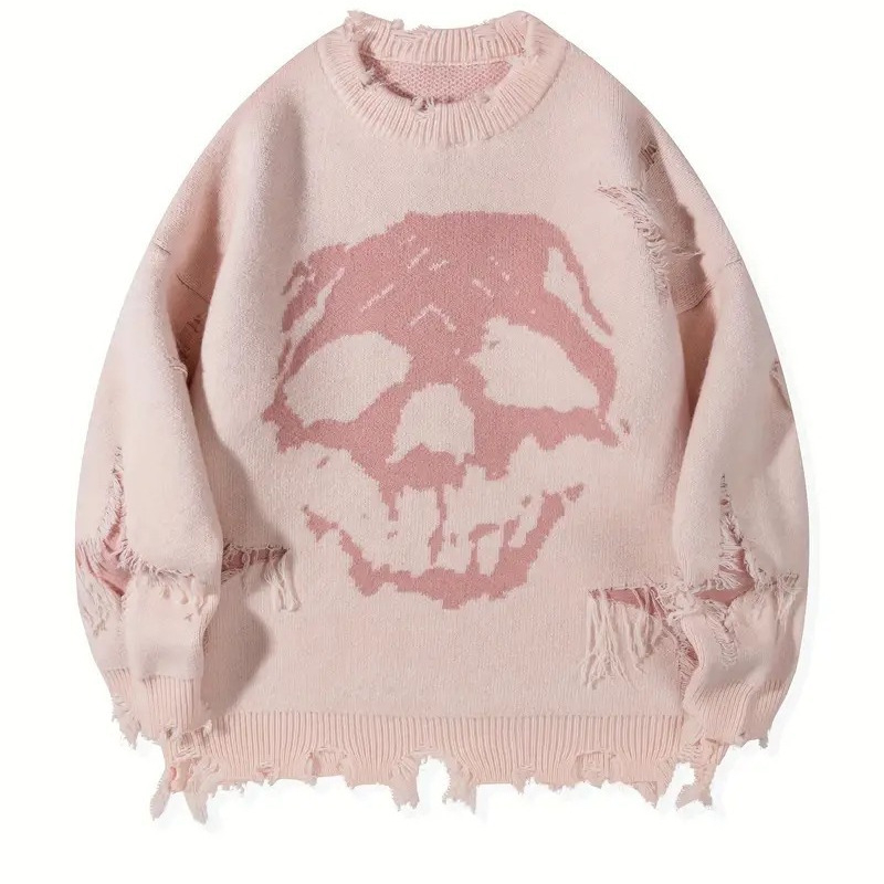 Hip-Hop Dark Street Ευρωπαϊκό και Αμερικανικό Πουλόβερ με Τρύπα Ζακάρ και Κρανίο, Φθινόπωρο και Χειμώνας, Ανδρικό Ριχτό Πουλόβερ Hip-Hop