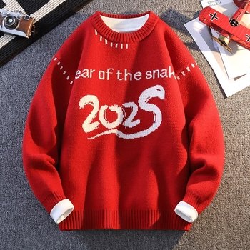 Benmingnian Big Red Sweater Jesenný a zimný pánsky zahustený vysoko kvalitný pletený kabát s pleteným vzorom Rok hada pre páry