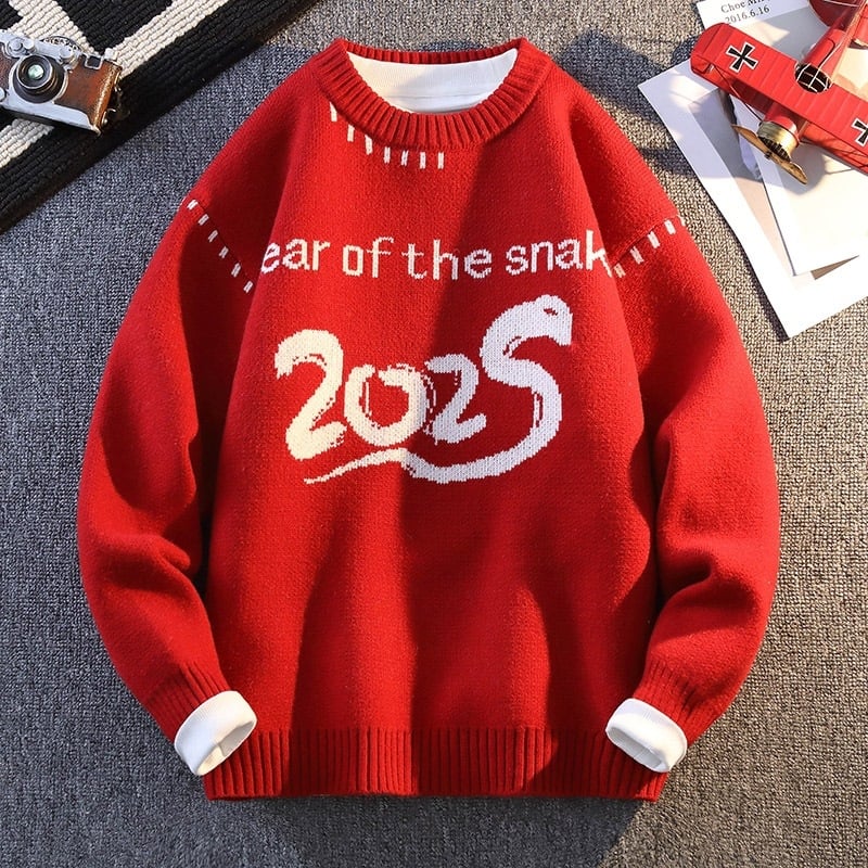 Benmingnian Big Red Sweater Jesenný a zimný pánsky zahustený vysoko kvalitný pletený kabát s pleteným vzorom Rok hada pre páry