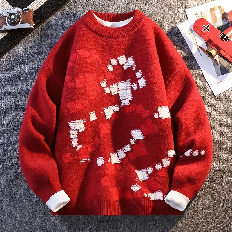Benmingnian Big Red Sweater Jesenný a zimný pánsky zahustený vysoko kvalitný pletený kabát s pleteným vzorom Rok hada pre páry