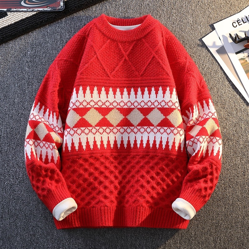 Benmingnian Big Red Sweater Jesenný a zimný pánsky zahustený vysoko kvalitný pletený kabát s pleteným vzorom Rok hada pre páry