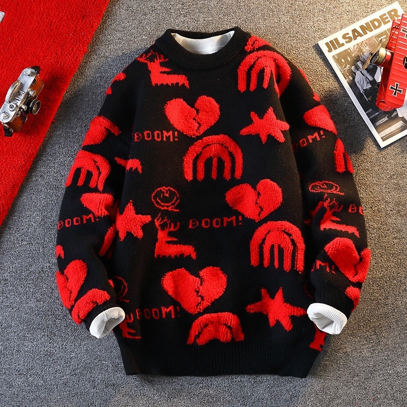 Benmingnian Big Red Sweater Jesenný a zimný pánsky zahustený vysoko kvalitný pletený kabát s pleteným vzorom Rok hada pre páry